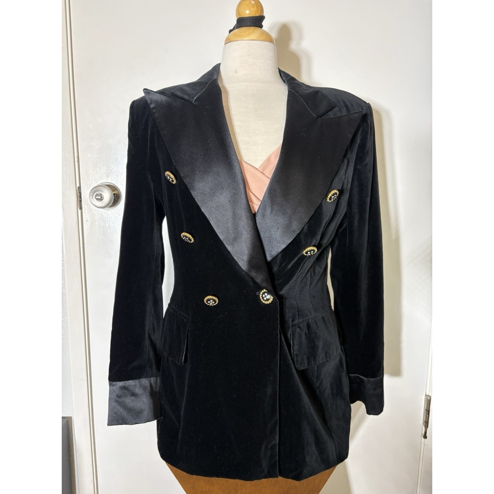 ESCADA Margaretha Ley Black Velvet Satin Trim Blazer Coat Jacket 42/ 10-12= L